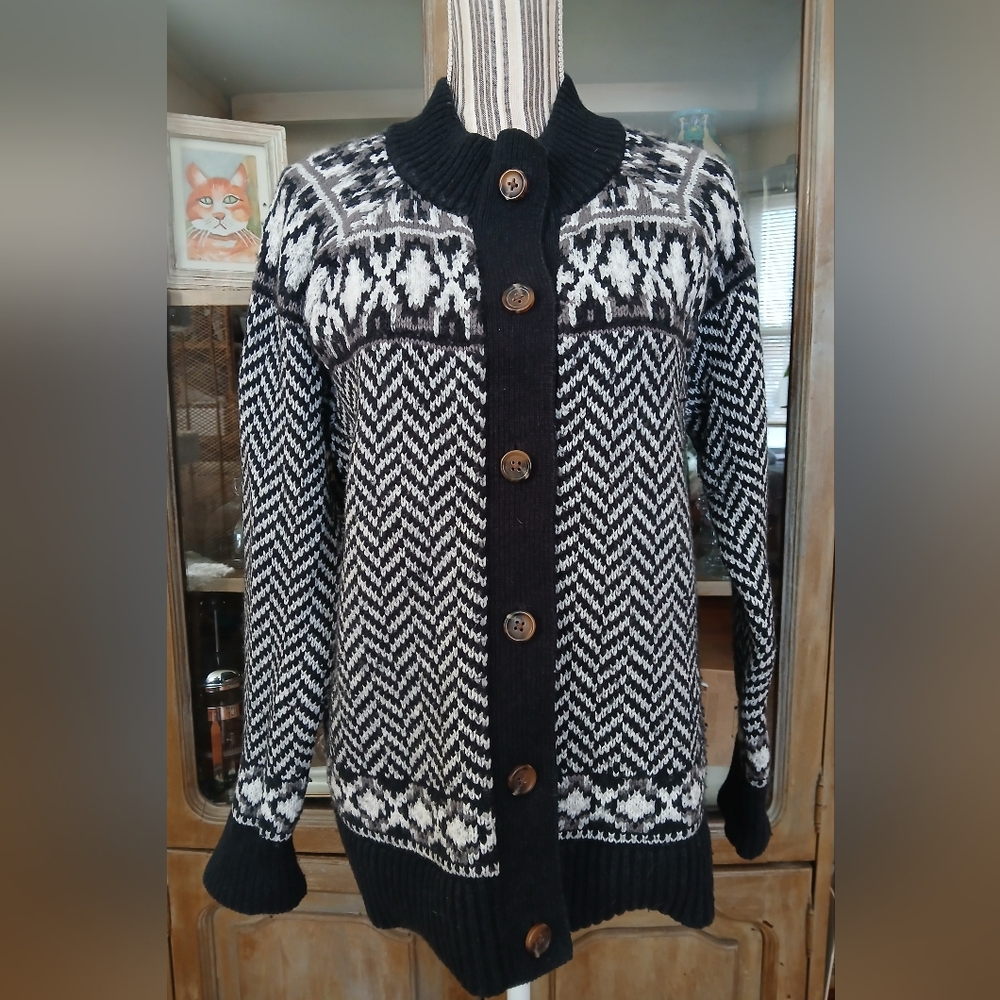 Lands End Fair Isle Herringbone Buttondown Chunky Sweater - l